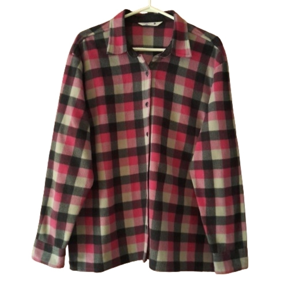 Riders by Lee Fleece Flannel Shirt Women's XL Pink Plaid Long Sleeve Button Up